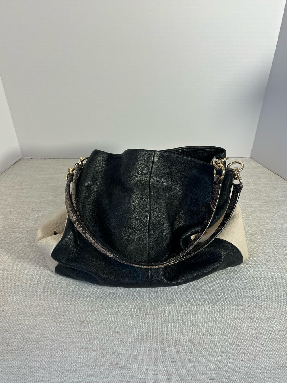 Coach Phoebe Leather Black and Cream Shoulder Bag with Python Patterned Strap